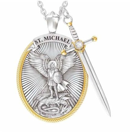 KBRPEY Collier Archange Michael Collier Pendentif Bouclier Épée Crucifix Pendentif Catholique Religieux Bijoux Amulette de Protection Médaille Homme Femme (Type A)