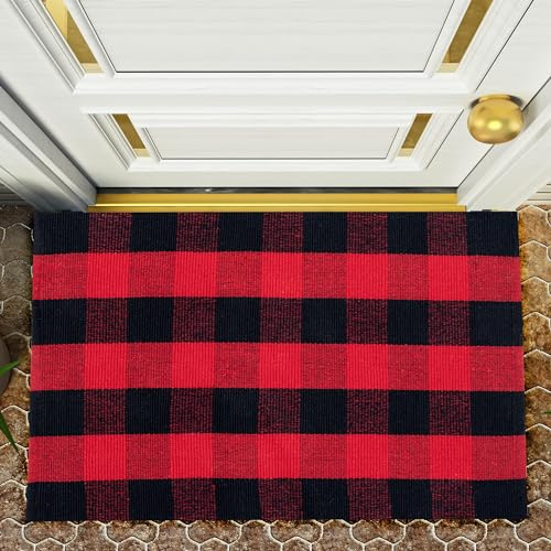 RAJRANG Chinesische rot Schwarze Plaid -Rauten -Teppich Luxus Baumwoll innenwaschbare Haustürmatte für EIN Eingangsküchen -Bauernhaus 90 x 60 cm