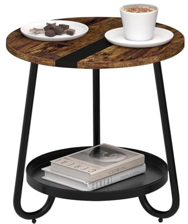 MOFAIN Runder Beistelltisch mit Metalltablett, 2-stöckiger Couchtisch im Wohnzimmer, kleiner Outdoor-Beistelltisch für Schlafzimmer, Balkon, Terrasse, rustikales Braun, MF-1-A004BW1