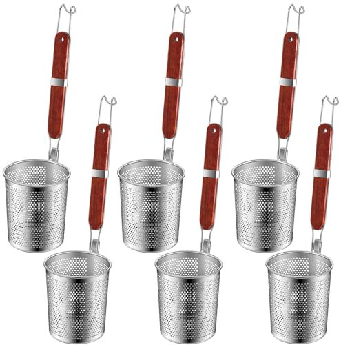 Tessco 6 cestini per la pasta, in acciaio inox, con manico in legno, a rete, per cucina, a forma di ragno, schiumarola, per cibo, gnocchi, noodle, sbollentare, cestelli per la pasta (rosso marrone, 16