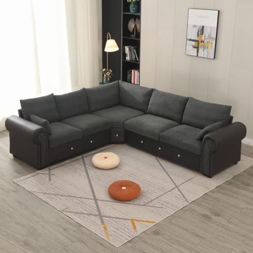 Panana Corner Sofa Large 6 Seats Linen Fabric L shaped sectional Suite Cushion Black Settee Living Room Couch Home Furniture, Dark Gray
