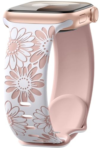 Maledan Blommig graverad rem kompatibel med Apple Watch-remmar 41 mm 40 mm 38 mm 42 mm för kvinnor, tvåfärgad blomma mjukt silikon sportband för iWatch-rem SE serie 11 10 9 8 7 6 5 4 3 2 1, vit/rosa