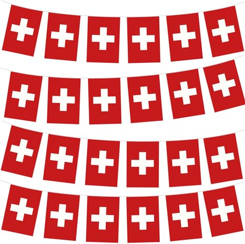 10m Flaggenkette Girlande mit 30 Schweiz Flagge,Oly Flagge Schweiz Fahnenkette Wimpelkette für EM Deko,Schweiz Fanartikel Switzerland Fahne für Oly Deko 2024,Euro Fußball Party Deko