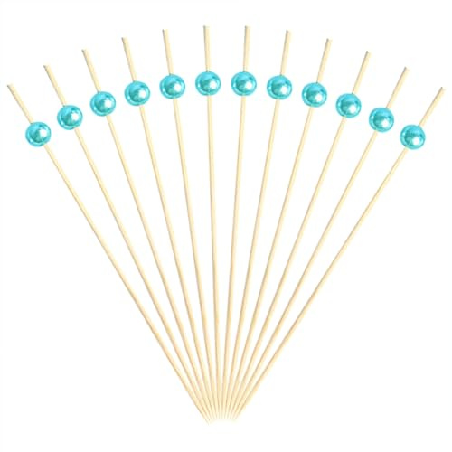 FSSTUD Lot de 100 petits cure-dents fantaisie fins en bois pour fruits, bâtons d'apéritif, dessert, dégustation, brochettes décoratives en bois pour décorations, perles bleues