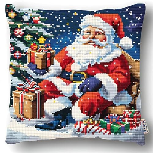 kitphoenix DIY Knüpfhaken-Set Knüpfkissen Weihnachten Latch Hook Kissen Kit Knüpfteppich Knüpfpackung Set, Sofakissenbezug Handgemachte Geschenke,43cmX43cm