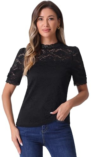 Allegra K Haut en Dentelle Florale Femmes Col Montant Manches Courtes Bouffantes Demi-Transparentes Chemisier Élégant T-Shirt Noir S