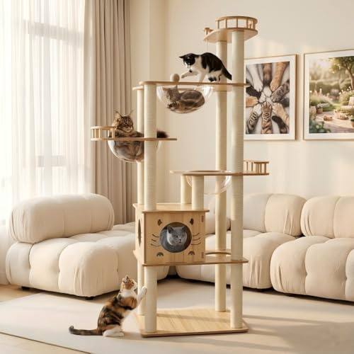 Arbre à Chat – 185 cm pour Chats d'intérieur avec 14 griffoirs Blancs, 1 Maison, 3 Capsules Transparentes, 3 perchoirs, 1 Grotte, Arbre à Chat en Bois (Couleur bûche 8782)