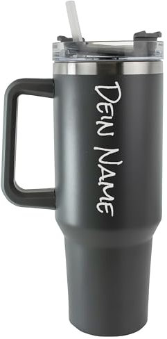 Tumbler Trinkbecher mit Strohhalm 1.18L 40OZ Thermobecher mit Griff hält kühl oder warm Becher mit Deckel und Strohhalm personalisiert mit Namen Tragbarer Autobecher Kaffeebecher TO-GO (Dunkelgrau)