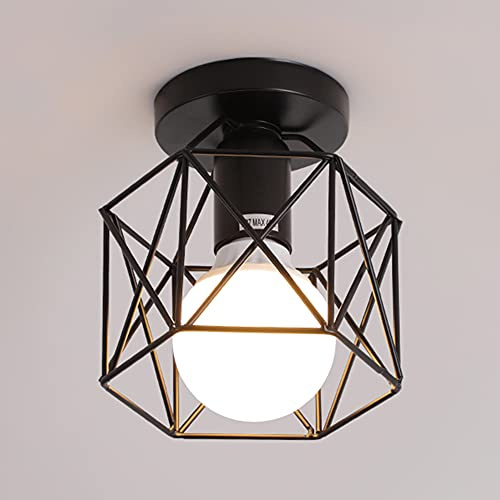 Lámpara de techo vintage con montaje empotrado, pantalla de hierro negro, lámpara colgante industrial, jaula de rejilla, para pasillo, dormitorio, cocina, sala de estar, bodega, almacén, cafetería,
