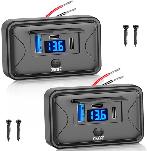 Qidoe 90W 12V USB Steckdosenleiste Wandhalterung, Dual 36W USB C und QC 18W Auto USB Port Ladegerät mit Voltmeter Schalter, wasserdichte Multi Port Steckdose 12V Zubehör für Auto Bus RV Truck