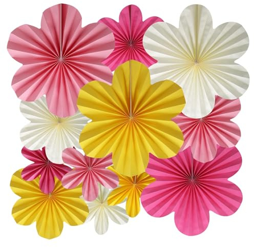 BestoFun 12er Set Papier Blumenfächer Rosa Papierblumen Gelb Papier Fächer Hellrosa Hängende Girlande Dekoration für Hochzeit Geburtstagsfeier Gartenparty Tischdeko