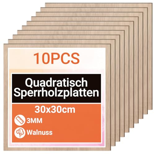 Eikuavons Lot de 10 plaques de contreplaqué de 3 mm, 300 x 300 mm, en bois de noyer, découpe selon bois de bricolage, pour modélisme, découpe laser, gravure sur bois, peinture à l'huile