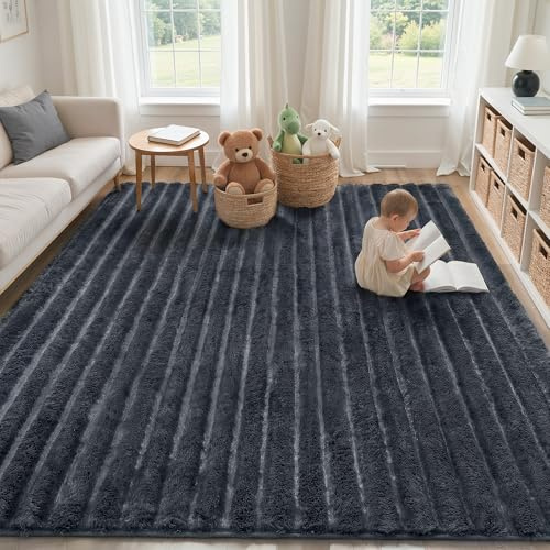 BEIMO Washable Rugs Living Room 160x230cm, Grey Striped Area Rugs for Bedroom Non Sheeding, Large Anti Slip Medium Pile Carpet Modern Fluffy Shaggy Rug for Dining Room, Kids Bedroom