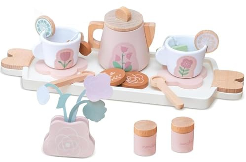 Tea Party Jeux de rôle – Service à thé Jouet en Bois avec Plateau, dinette Enfant complète pour Jeux d’Imitation, idéal pour Filles et garçons à partir de 2 Ans