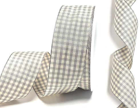 s.dekoda Schleifenband 15m x 40mm Silbergrau - Beige kariert Karoband Dekoband Drahtband [D150]