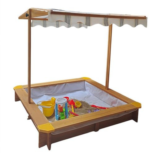 Wooden Sandbox with Lid and Adjustable Roof - Outdoor Sand Pit for Kids Aged 3-8, Includes Sand Protection Liner for Backyard or Garden