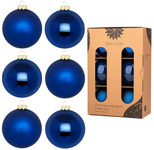 DecoLite Weihnachtskugeln Glas 10 cm, 6er Set, Blau Matt-Glänzend | Christbaumkugeln innen echt versilbert, inkl. S-Aufhänger, plastikfreie Kartonbox, Christbaumschmuck für Tannenbaum