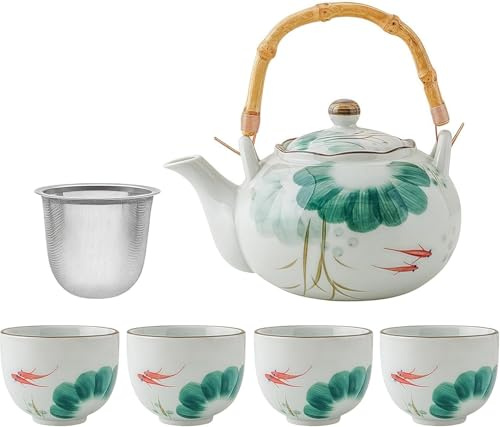 Lnwwrv Servizio da tè Giapponese - 1 teiera in Porcellana (650 ml, Manico in bambù) 4 Tazze da tè (150 ml), dotate di filtri in Acciaio Inox (Loto Koi)