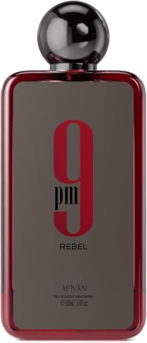 .Afnan.9 PM Rebel, Eau De Parfum Unisex, Vaporizzatore, Flacone da 100ml, Profumo in Vetro Rosso e Nero