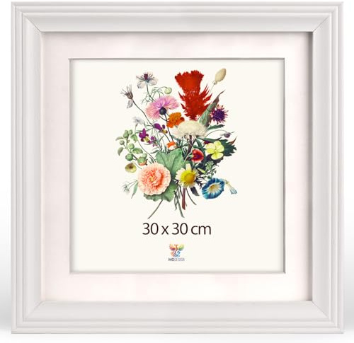 MG Design Bilderrahmen 30 x 30 cm – Posterrahmen mit Weiß Echtholz-Zierprofil und bruchsicherem Acrylglas, mit Passepartout, Hoch & Quer mit stabiler Wandaufhängung