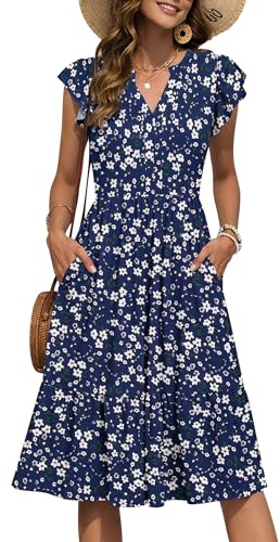 PLMOKEN Sommerkleid Damen Midi V-Ausschnitt A-Linie Kleider Kurzarm Rüschen Ärmel Lockeres Freizeitkleid Mit Taschen