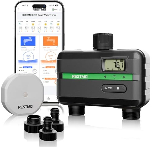 RESTMO 2 Zones Smart Water Timer with Flow Meter, Automatic Garden Hose Timer with Manual/Rain Delay, APP Remote Control (RF Hub + WiFi Connection), Brass Quick Connection Male, Ideal for Lawn & Yard