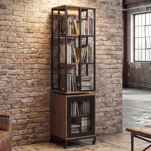 Mendler Bücherregal HWC-P13, Standregal Drehregal, Rollen drehbar Tür, Metall Industrial Melamin MVG 162x40x42cm - braun