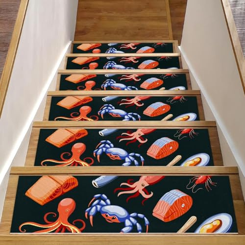RODAILYCAY 15 gradini antiscivolo per gradini in legno, tappeti per scale, salmone, calamari, caviale, cozze, granchi, tappeto per scale per interni, tappetini di sicurezza per anziani, bambini, cani