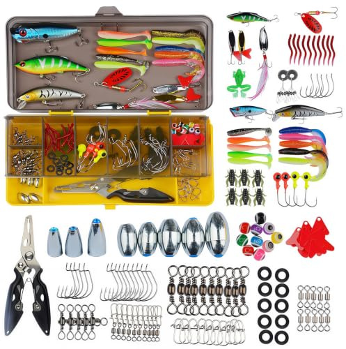 Aiuuee Leurre Peche Kit, Leurre Peche Carnassierleurre avec Boîte, Kit de Peche Incluse Appâts à Paillettes, Pinces, Crochets, Gabarits, Poids et Plus Accessoire Peche