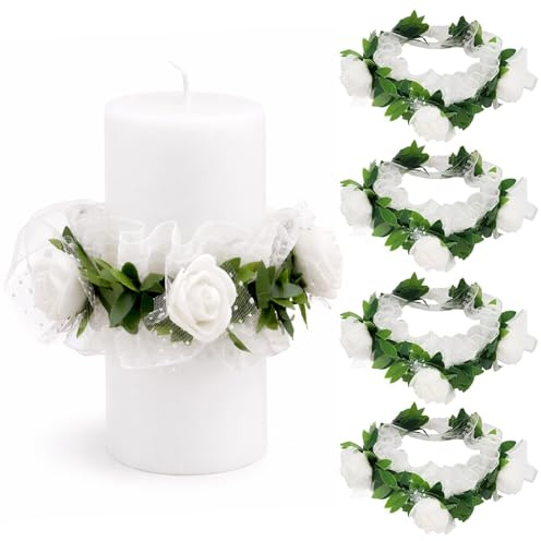 4 Pezzi Decorazione per Candele di Battesimo e Comunione, Candele Antigoccia, Gonna per Candele, per Comunione, Battesimo, Matrimoni, Compleanni, DIY(Rosa Bianca)