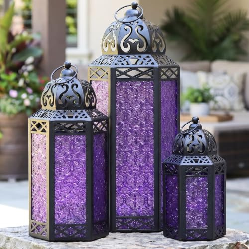 Set di 3 portacandele lanterna decorativi in metallo marocchino per Ramadan, arredamento interno, terrazza esterna, viola