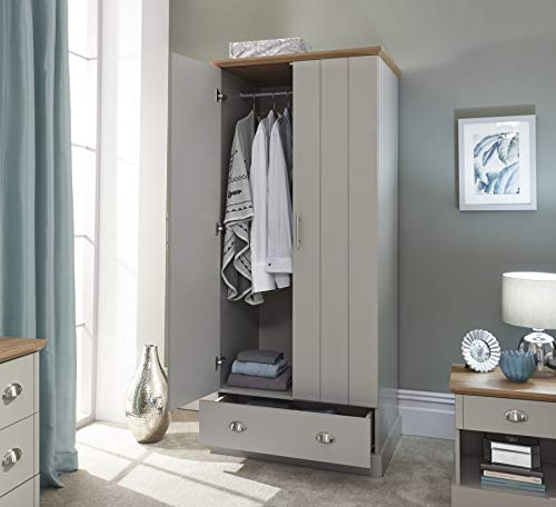 Home Source Stylish Wardrobe Grooved Doors with Steel Handles, Grey, 2 1 Drawer ,KEN21WGRY