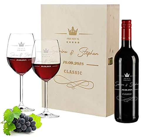 polar-effekt 4-TLG personalisiertes Wein-Set | gravierte Holzkiste, 2 Weingläser und 700 ml Wein | Pierre Laforest | Paar Geschenk | Motiv Classic