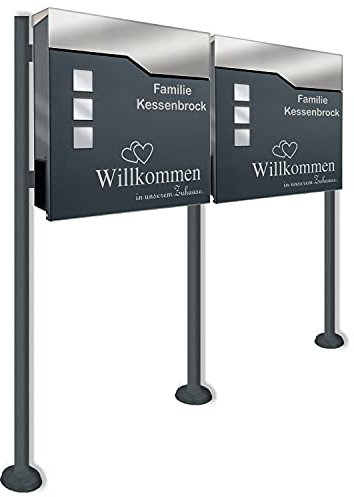 Zalafino Doppel Standbriefkasten ANTHRAZIT - aus pulverbeschichtetem Stahl - mit Zeitungsrolle, Sichtfeldern und Standfuß