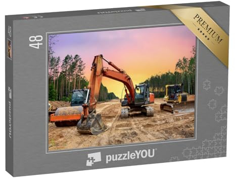 puzzleYOU: Puzzle 48 Teile „Bulldozer, Bagger und Bodenverdichter bei Straßenbauarbeiten“ – aus der Puzzle-Kollektion Bagger