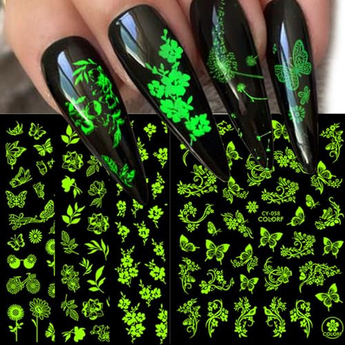 JMEOWIO Nagelsticker Leuchtend Blume Schmetterling 9 Blätter Nagelaufkleber Selbstklebend Nail Art Dekoration NagelDesign Zubehör für Frauen Mädchen