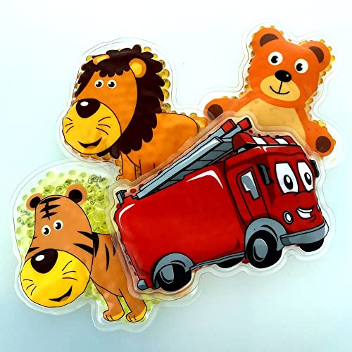 4 Kühlpads Löwe, Tiger, Feuerwehrauto, Teddybär Wärmepad mehrfach Kompresse Kühlkissen Kinder wärmen kühlen