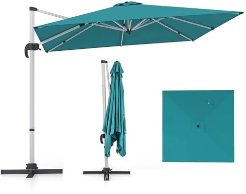 RELAX4LIFE Parasol Déporté 3x3M Inclinable 7 Positions (Bleu vert) | Parasol de Jardin Exterieur Rotation par Pédale en Polyester avec 8 Branches Imperméable Anti-UV