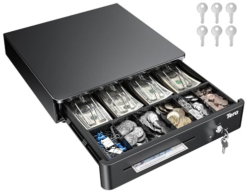 Tera Tiroir de caisse enregistreuse à ouverture automatique très résistant avec plateau d'insertion entièrement amovible, 5 clés, 4 billets, 6 emplacements pour pièces de monnaie, 12 V RJ12 (coin