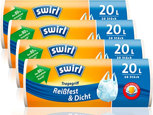 Swirl Reißfest & Dicht Tragegriff Müllbeutel 20 l (4 x 20 Beutel), tropfsichere Müllsäcke für den Hausmüll, reißfeste Mülltüten mit praktischem Tragegriff