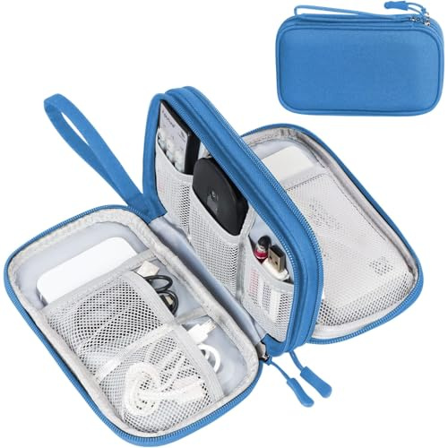 FYY Travel Cable Organiser, Electronics Accessories Bag, Waterproof Tech Storage Pouch, 2-Layer Universal Carry Case for Charger, Power Bank, USB Drive S-Blue
