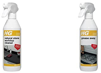 HG Natural Stone Worktop Cleaner, Natural Kitchen Countertop & Work Surface Cleanser – 500ml Spray (340050106) & Grease Away Cleaner, Simple & Strong Kitchen Degreaser- 500ml Spray (128050106)
