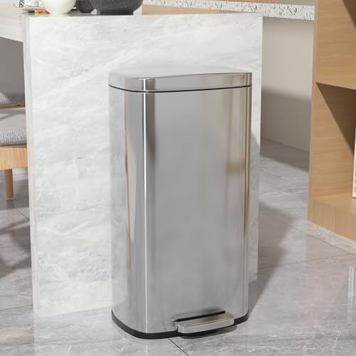 8 Gallon 30L Trash Can with Hinged Lid and Removable Inner Bucket Stainless Steel Kitchen Trash Can Silent Garbage Can Touch-Free Pedal Rubbish Bin Waste Bin for Home Kitchen Waste Bin Silver