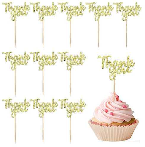 36Pcs Gold Glitter Thank You Cupcake Toppers Cake Decorations Thank You Cupcake Picks for Birthday Wedding Decorations Thanksgiving Day Anniversary Party Decoration Supplies