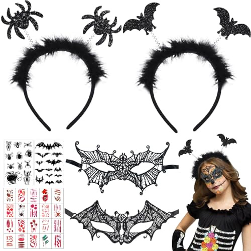 Giugio Halloween Damen Zubehör, Halloween Fledermaus Haarreife, Schwarze Spitze Maske und Halloween Spinne Haarschmuck mit Gesichtstattoos Tattoo für Halloween Karneval Kostüm Accessoire