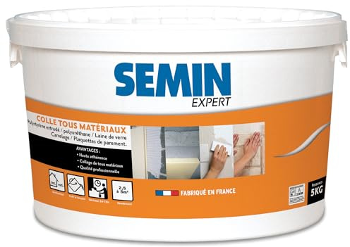 SEMIN Colle Tout Matériaux 5 kg – Haute Adhérence Sans Solvant – Prête à l'Emploi – Intérieur/Extérieur – Polystyrène, Liège, Laine de Verre, Carrelage et Plaquettes de Parement