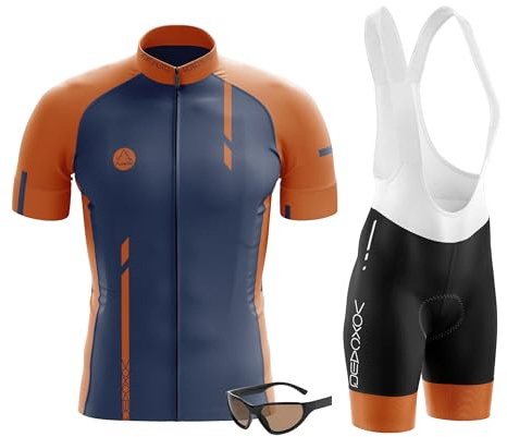 VOXCAUTQ Fahrradbekleidungs-Set für Herren, Fahrradtrikot und gepolsterte Fahrradhose für Herren, MTB, Rennrad mit 3 Taschen, Radtrikots