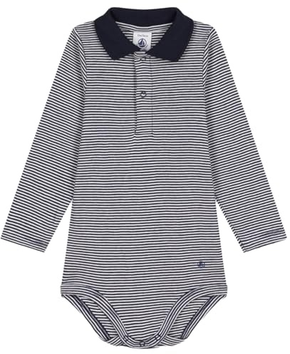 Petit Bateau A0BQE Body Col Polo Manches Longues Bébé Garçon, Smoking/Marshmallow 12 Mois