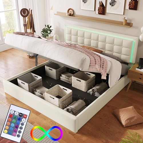Bgsryao Camas Matrimoniales 180x200 con LED y Espacio de Almacenamiento, Cama tapizada de 180x200 con cabeceros Cama, Cama Doble con somier, Cama Matrimonio Camas Juveniles, Funda de Piel sintética