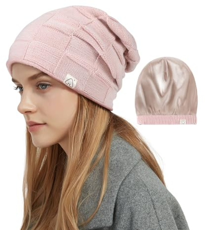 Hat Hut Damen Beanie Satin Gefütterte Wintermütze Strickmütze für Haar, Warme Satin Lined Beanie Mütze Slouchy Beanie Ski Hat Unisex (DE/NL/SE/PL, Alphanumerisch, Einheitsgröße, Rosa)
